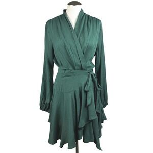 DO+BE Women's Green Wrap Dress Long‎ Sleeve Ruffle Hem V-Neck Mini Dress Medium